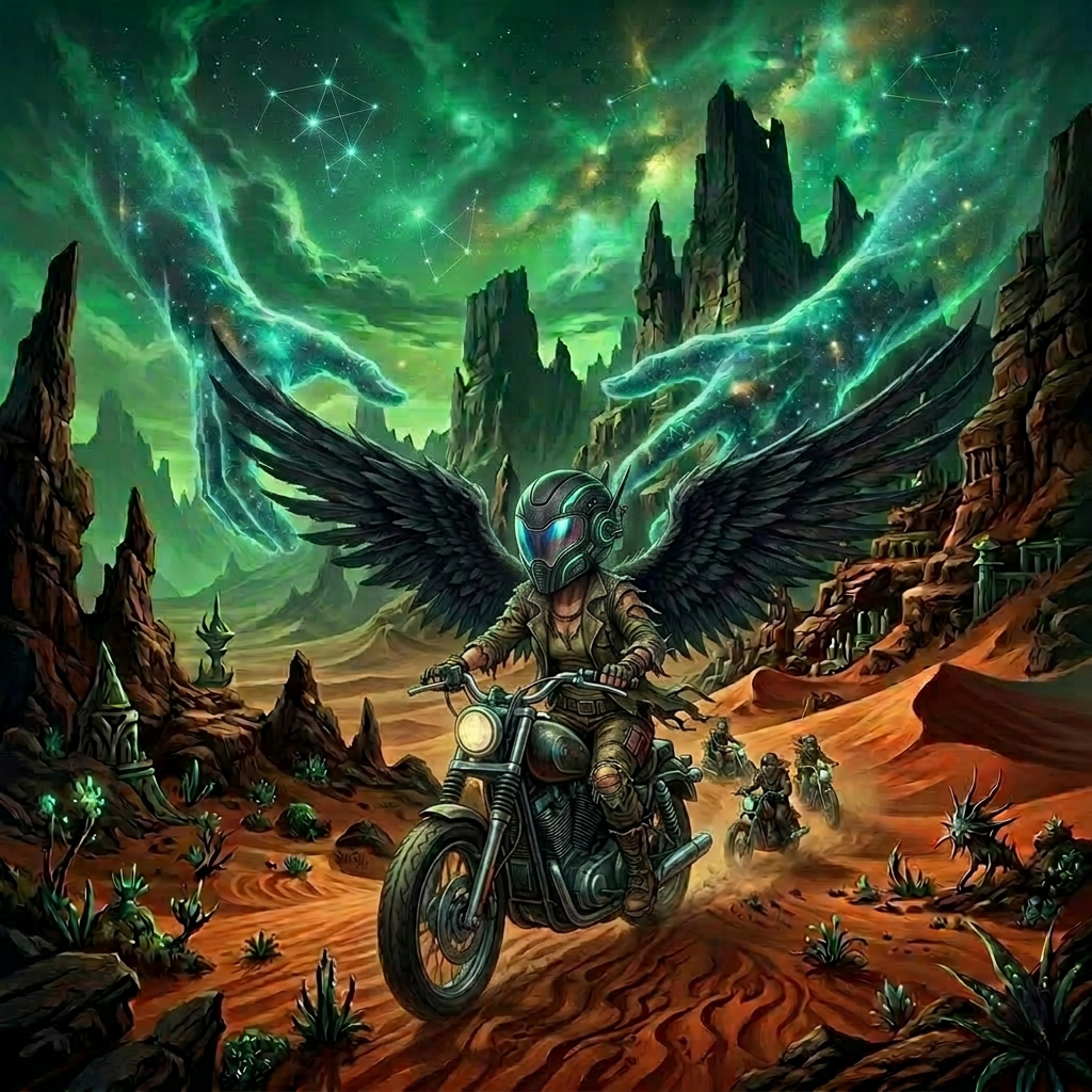 Desert landscape with rocky spires, glowing plants, ancient ruins, caravan of travelers, two moons in green sky
